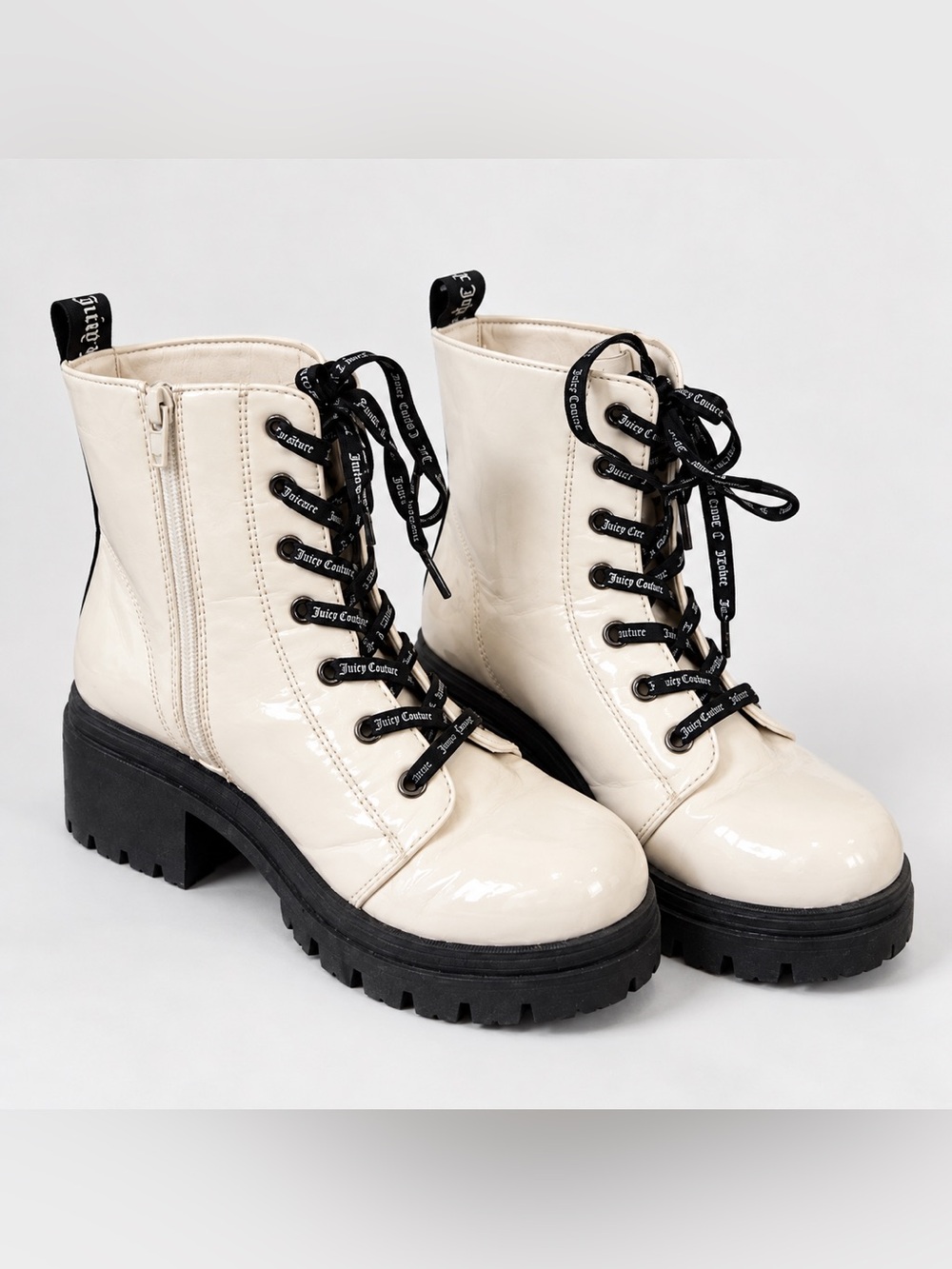 Juicy Couture Combat Boots Women’s 7 Ivory Lug Sole Lace Up Zip Y2K